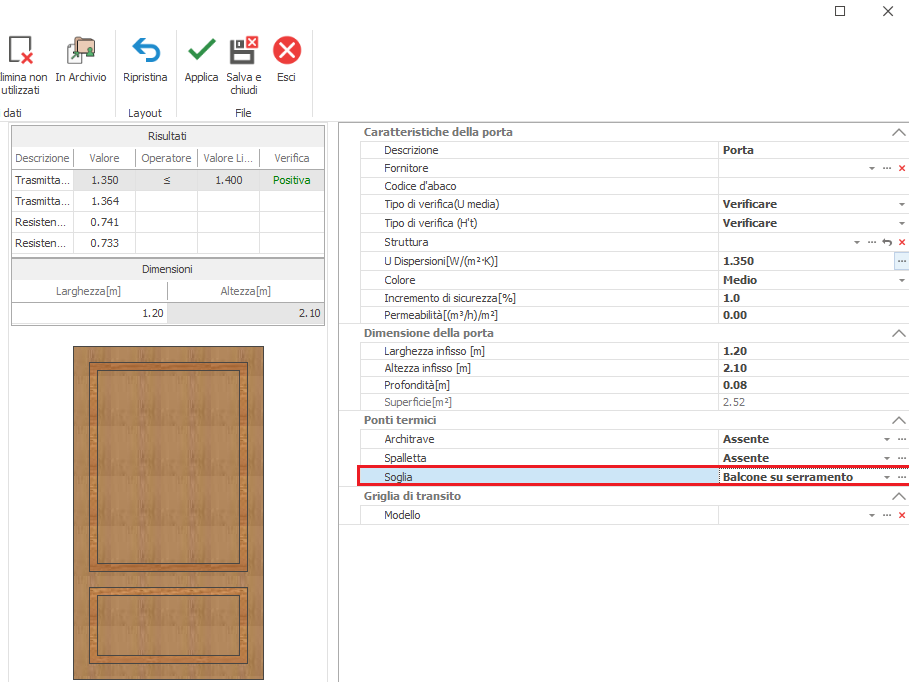 Schermata di configurazione porta nel software: ante in legno con cornici, con pannello proprietà a destra (dimensioni, soglia, ecc.).