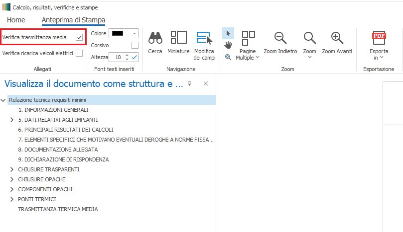 Schermata dell'applicazione con riquadro di navigazione a sinistra che mostra la struttura del documento: 'Relazione tecnica requisiti minimi' con capitoli come 'INFORMAZIONI GENERALI', 'DATI RELATIVI agli IMPIANTI', 'TRASMITTANZA TERMICA MEDIA' e altre sezioni.