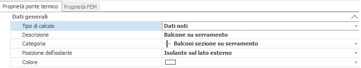 Interfaccia di configurazione termica: scheda Dati generali con Tipo di calcolo, Dati noti, Descrizione 'Balcone su serramento', Categoria, Posizione dell’isolante 'Isolante sul lato esterno' e Colore (bilanciamento del colore). Presenti anche le schede Proprietà ponte termico e Proprietà FEM nel bordo superiore.