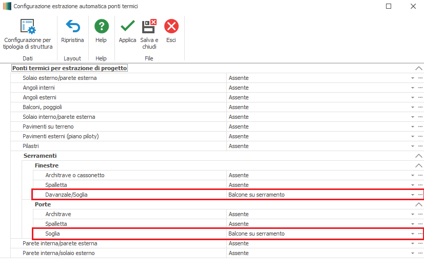 Screenshot of a configuration window for automatic thermal-bridge extraction; shows a tree list of project points, windows and doors, with 'Davanzale/Soglia' and 'Soglia' highlighted as balcony-on-frame options.