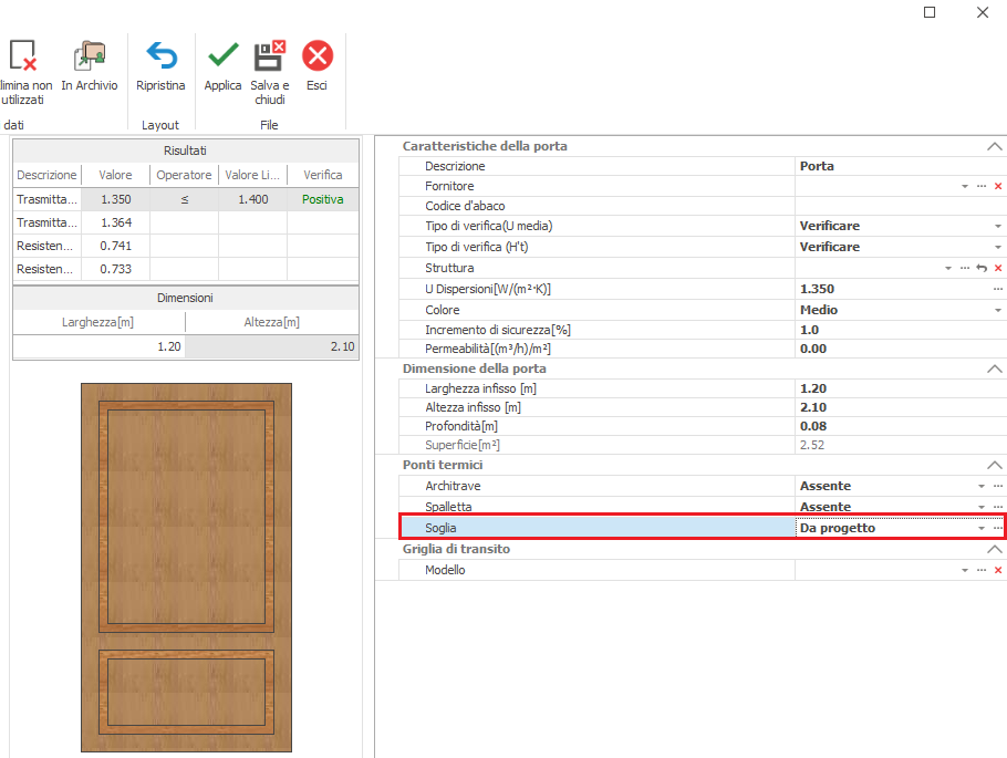 Screenshot of a door design software UI showing door characteristics, dimensions, and a wooden double-panel door on the left pane.