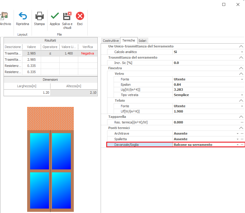 Screenshot of a building component designer showing a brown window frame with four blue glass panes beneath a brick wall; left pane shows results and dimensions, right pane displays construction settings with 'Davanzale/Soglia' highlighted.