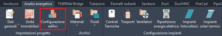 Software UI toolbar in Italian with the 'Configurazione edifici' button highlighted.
