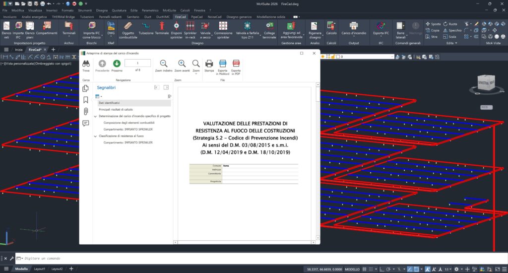 Schermata AutoCAD con modello 3D di impianto sprinkler; a sinistra una finestra PDF aperta intitolata Valutazione delle prestazioni di resistenza al fuoco delle costruzioni