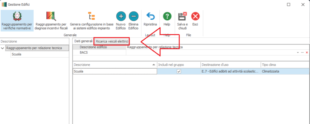 Building management software UI with a highlighted 'Ricarica veicoli elettrici' tab; left pane shows a tree 'Raggruppamento per relazione tecnica' → Scuola; main grid lists 'Scuola' as description with destination 'E.7 - Edifici adibiti ad attività scolastiche' and climate 'Climatizzata'.