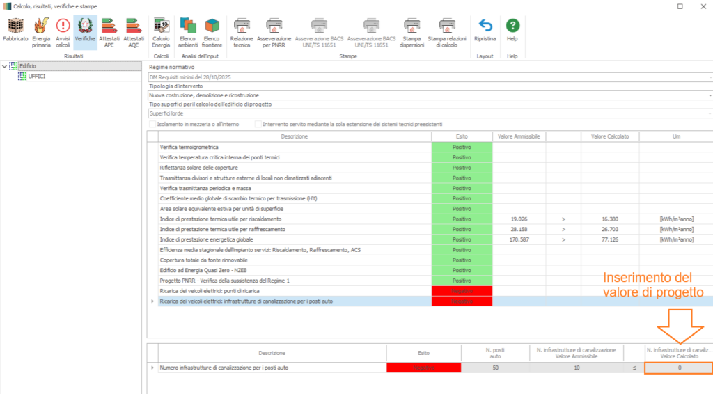 Schermata di software di verifica energetica: tabella con voci di verifica e molti esiti 'Positivo'; nell'angolo inferiore destro è evidenziato 0.