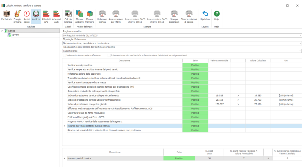 Interfaccia software di calcolo e verifica energetica di un edificio, con tabella di risultati e barra strumenti in alto.