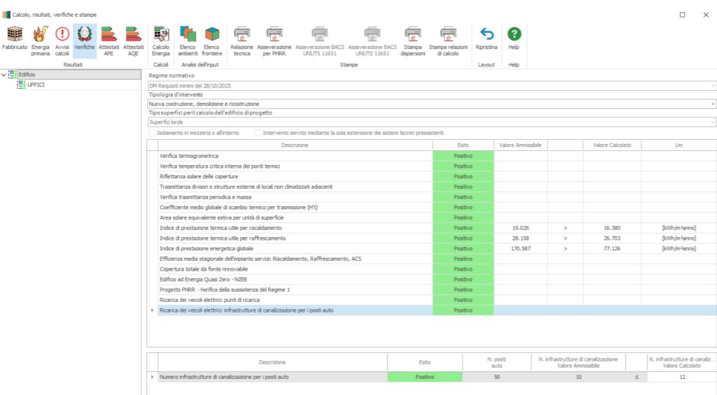 Interfaccia software di verifica con controlli normativi e esiti positivi in verde