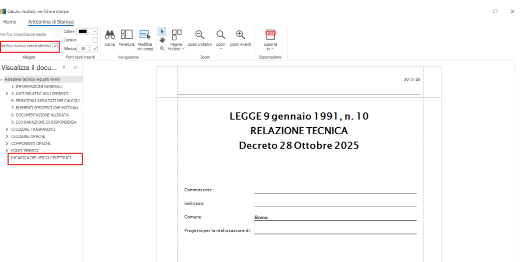 Screenshot of a PDF/document viewer showing a technical report titled 'LEGGE 9 gennaio 1991, n.10 RELAZIONE TECNICA Decreto 28 Ottobre 2025', with a left navigation item 'RICARICA DEI VEICOLI ELETTRICI' highlighted.