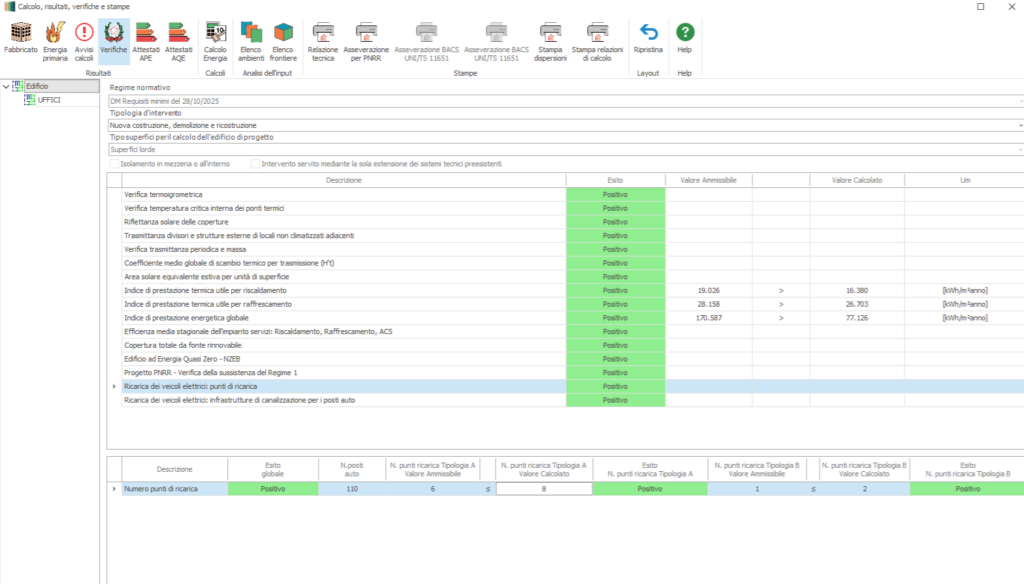 Screenshot of a building energy assessment app showing verification results with many positive (green) statuses for various checks, under 'UFFICICI' building.