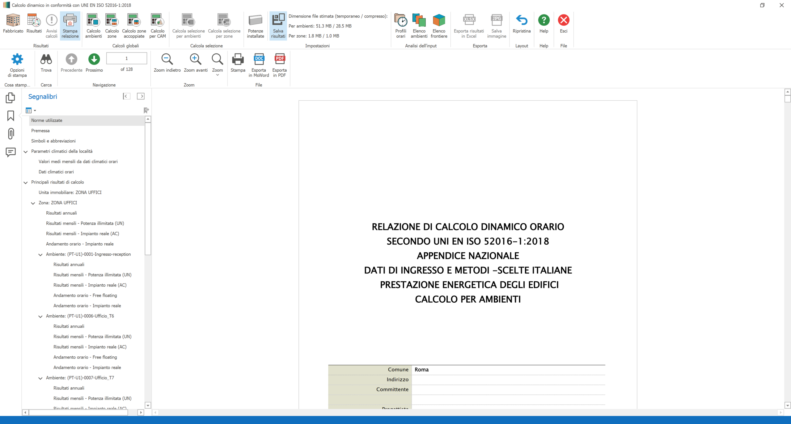 Screenshot of a PDF viewer showing an Italian document titled 'Relazione di calcolo dinamico orario...' with a visible table beginning 'Comune Roma'
