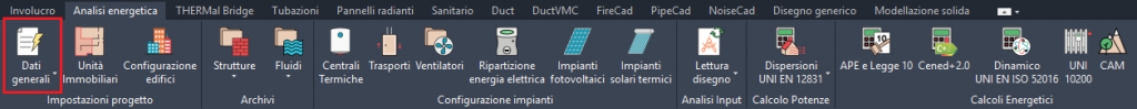 Ribbon bar Analisi Energetica di Mc4Suite: focus sul pulsante Dati generali.