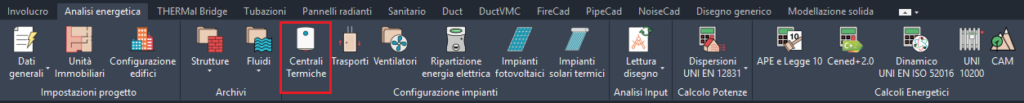 Ribbon bar Analisi Energetica di Mc4Suite: focus sul pulsante Centrali Termiche.
