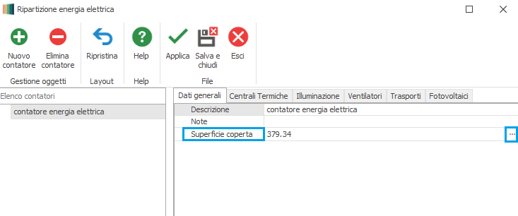 Maschera ripartizione energia elettrica in Mc4Suite: focus sul campo superficie coperta dell'edificio, per un calcolo automatico del valore o un inserimento manuale del dato.