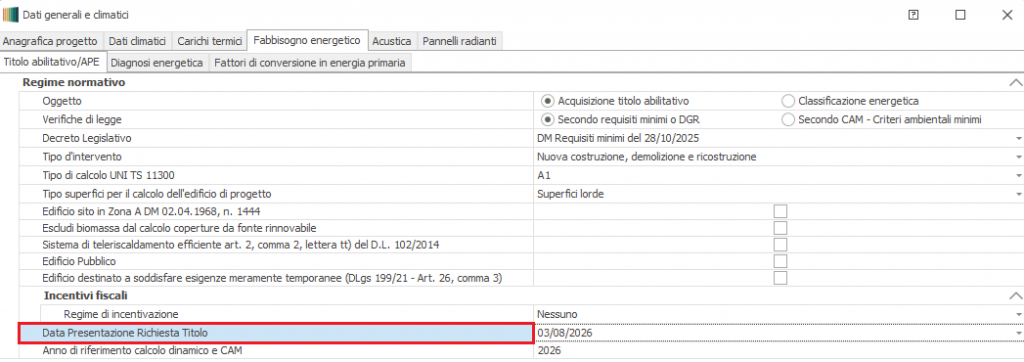 Maschera Dati generali e climatici di Mc4Suite: focus sulla sezione Fabbisogno Energetico, Titolo abilitativo/APE, Data Presentazione Richiesta Titolo.
