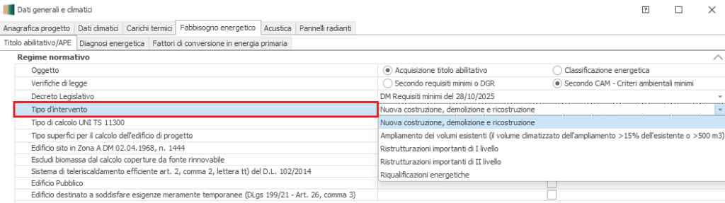 Maschera Dati generali e climatici di Mc4Suite: focus sulla sezione Fabbisogno Energetico, Titolo abilitativo/APE, Tipo d'intervento.
