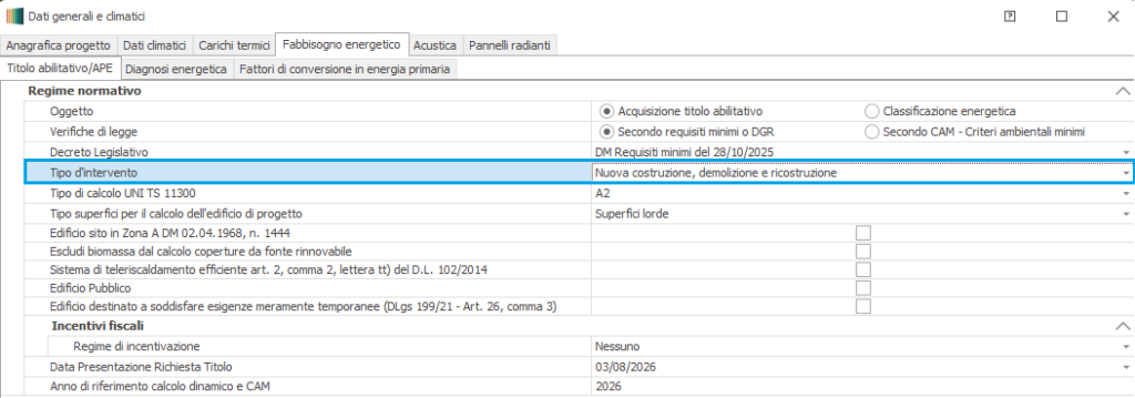 Maschera Dati generali e climatici di Mc4Suite: focus sulla sezione Fabbisogno Energetico, Titolo abilitativo/APE, Tipo d'intervento Nuova costruzione, demolizione e ricostruzione.
