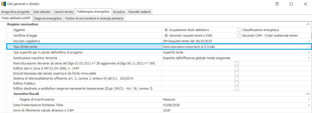 Maschera Dati generali e climatici di Mc4Suite: focus sulla sezione Fabbisogno Energetico, Titolo abilitativo/APE, Tipo d'intervento Ristrutturazioni importanti di II livello.