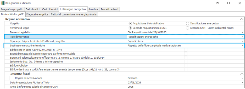 Maschera Dati generali e climatici di Mc4Suite: focus sulla sezione Fabbisogno Energetico, Titolo abilitativo/APE, alle voci Tipo d'intervento e Sostituzione macchine termiche.